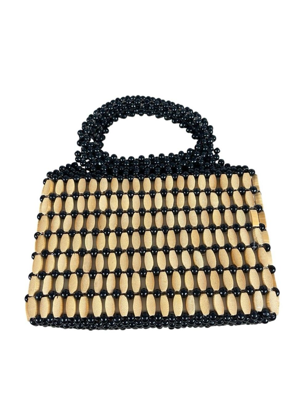 VTG Natural Wood All Over Beaded Small Handbag Black Tan Top Handle